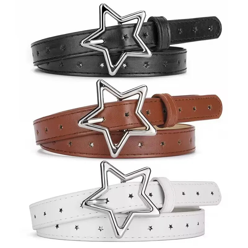 1.8x93cm Children Kids Five-pointed Star Metal Snap PU Leather Belt Girls Boys Silver Buckle Waistband Pants Decor Waist Belt