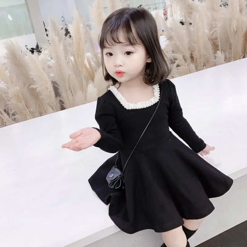 Kids Girls Dress Fashion Long Sleeve Pure Color 2026 New Spring Autumn New Childrens Dress Black Princess Dress