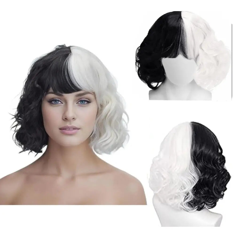 Women Wig Black and White Split Color Short Curly Hair Synthetic Half Black Half White Bob Wigs Halloween Cosplay Party Headwear