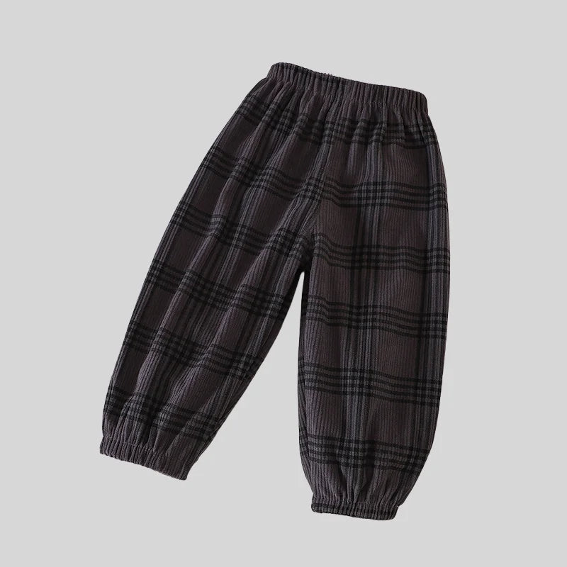 Vintage Checkered Striped 1-7Y Kids Pants Autumn Corduroy Textured Toddler Cropped Trousers