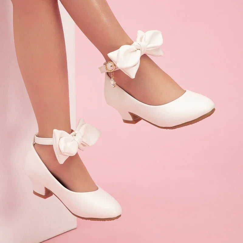 Fashion Girls' Performance Leather Shoes Elegant Bowknot Children Causal High Heel Shoes Kids Party Wedding Shoes for Princess