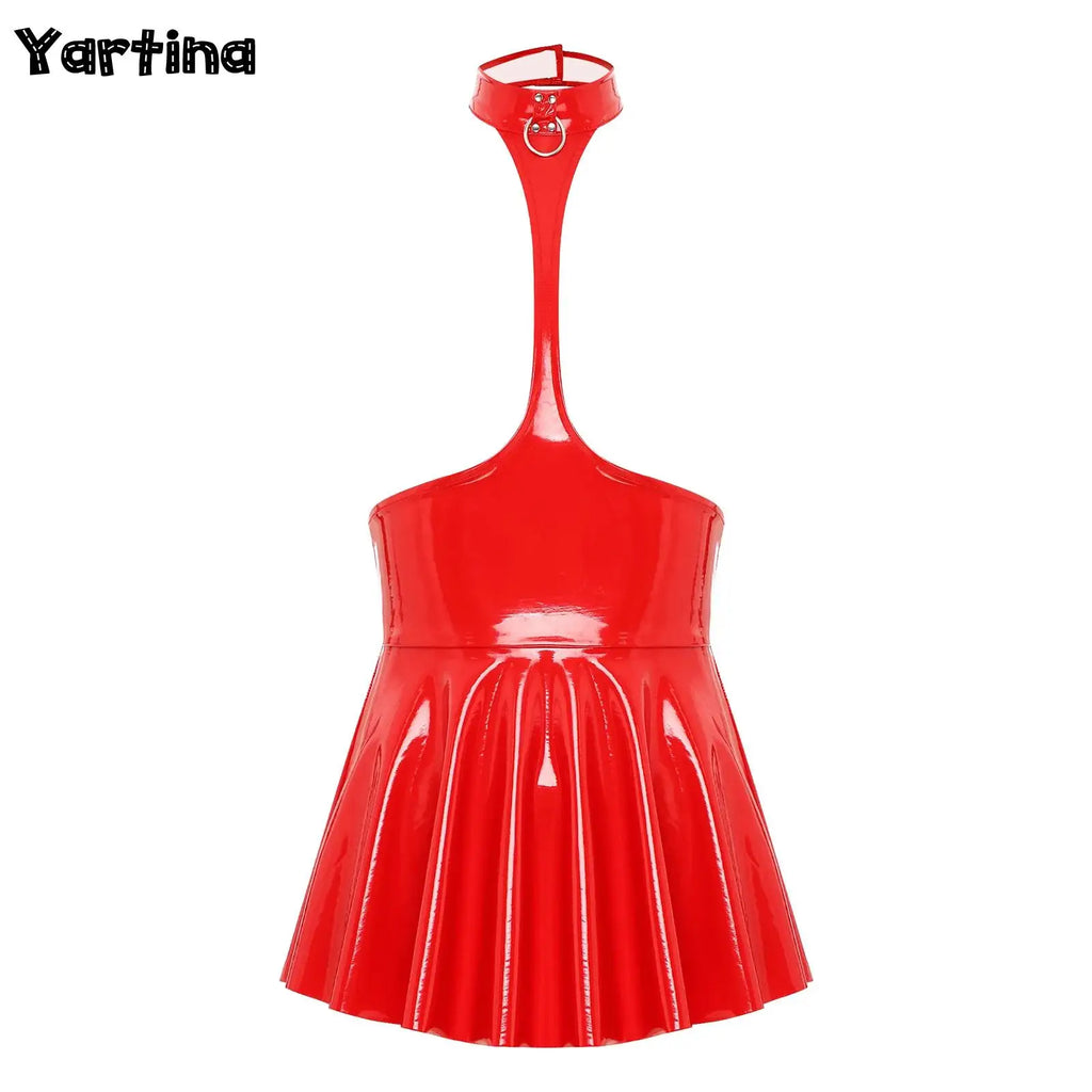 Womens Patent Leather Latex Dress Clubwear Open Chest Halter Ruffled Wet Look Halter Sexy Club Latex Dress with 2 Press Buttons