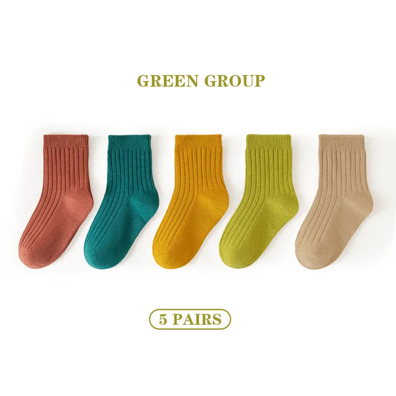 5 Pairs/Lot Children'S Socks Set Solid Color Double Needle Cotton Kids Mid-Tube Socks Candy Color Boys And Girls Student Socks