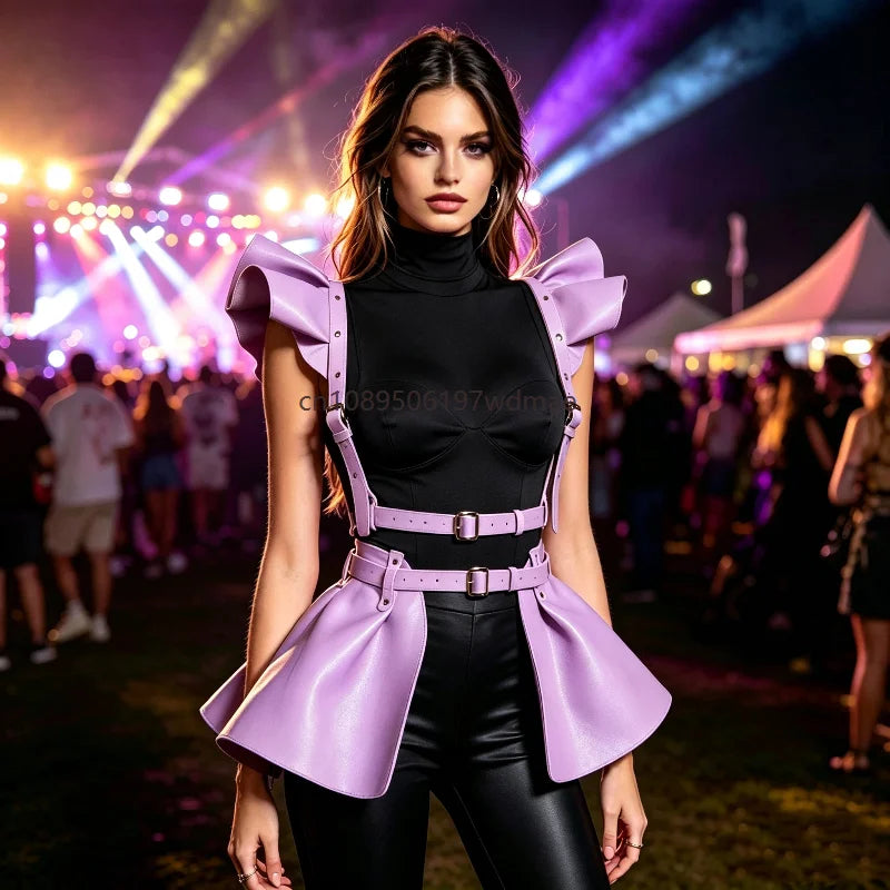 Women PU Leather Wing Shoulder Harness Peplum Skirt Adjustable  Buckle Rave Festival Outfit Clubwear Gothic Punk Cosplay Costume