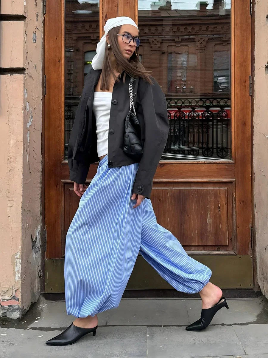 Wolfeel Summer  New Women's Cotton Thin Striped Baggy Lantern Pants  Fashion Elastic Waist Casual Streetwear Trousers