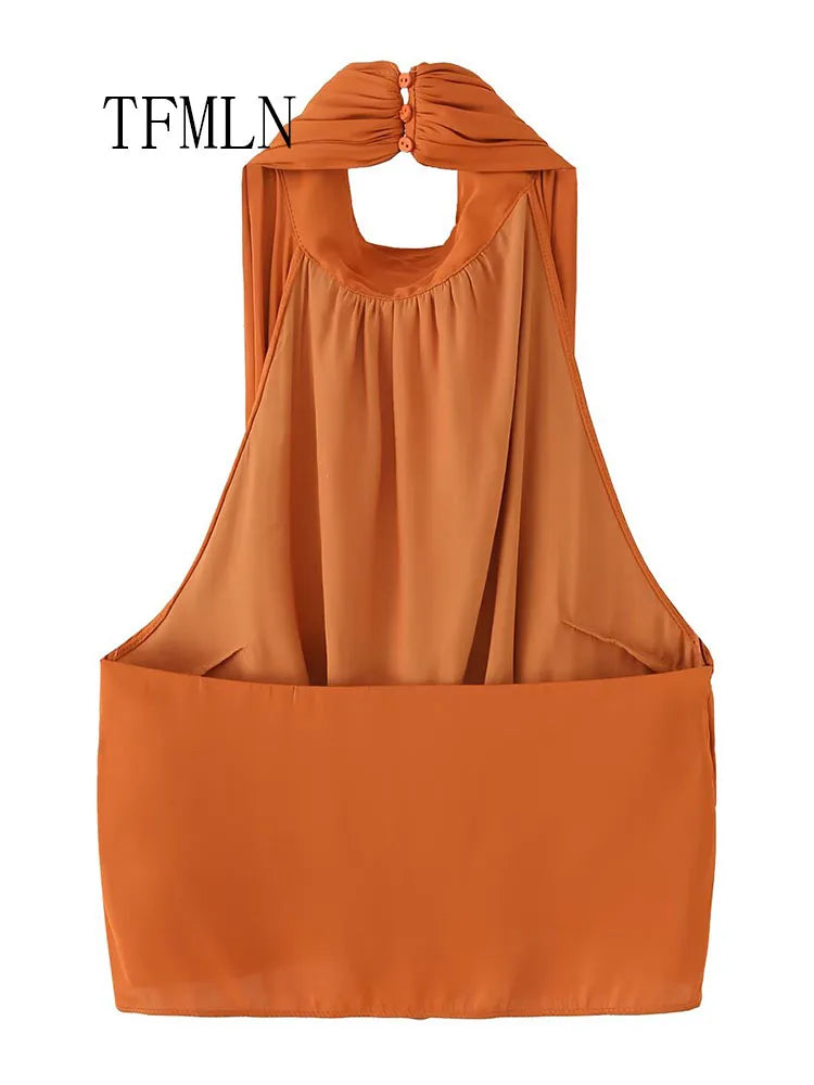 Fashion 2026 Summer Women Halter Pleated Tops Elegant Sleeveless Backless Causal Shirts Chic Folds Street Short Pullover Tops