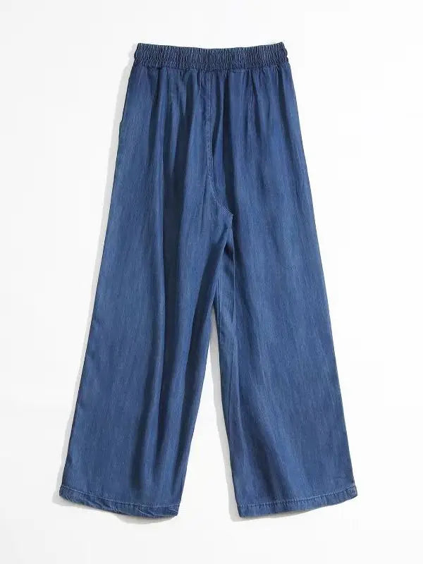 Summer High Waist  Ice Silk Elastic Straight Leg Jeans Loose Wide Leg Nine Pants Women's plus Size Loose Fit Trousers