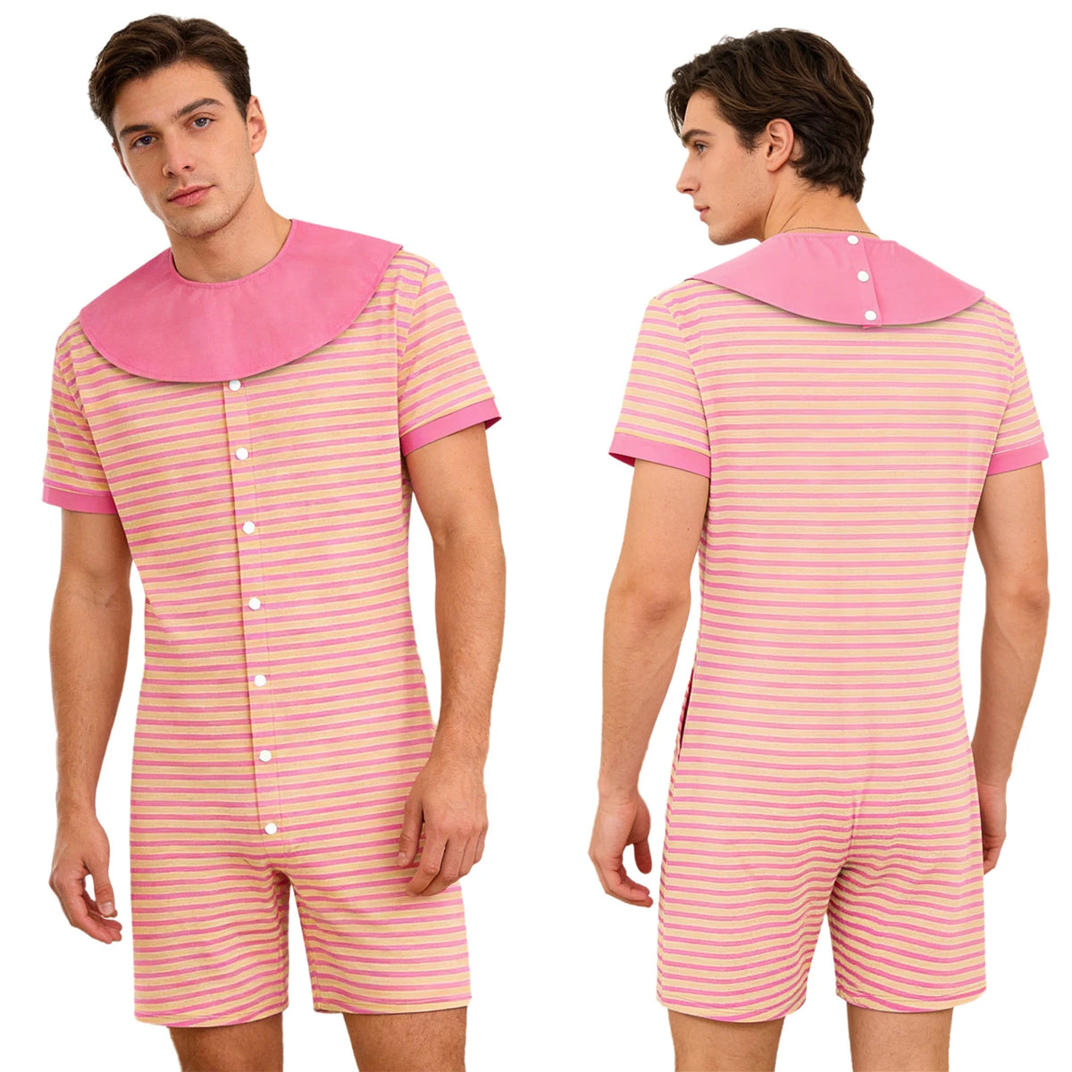 Men Striped Pajamas Bodysuit with Removable Bibs Nightgown Short Sleeve Shorts Bottom One-piece Loungewear for Casual Daily