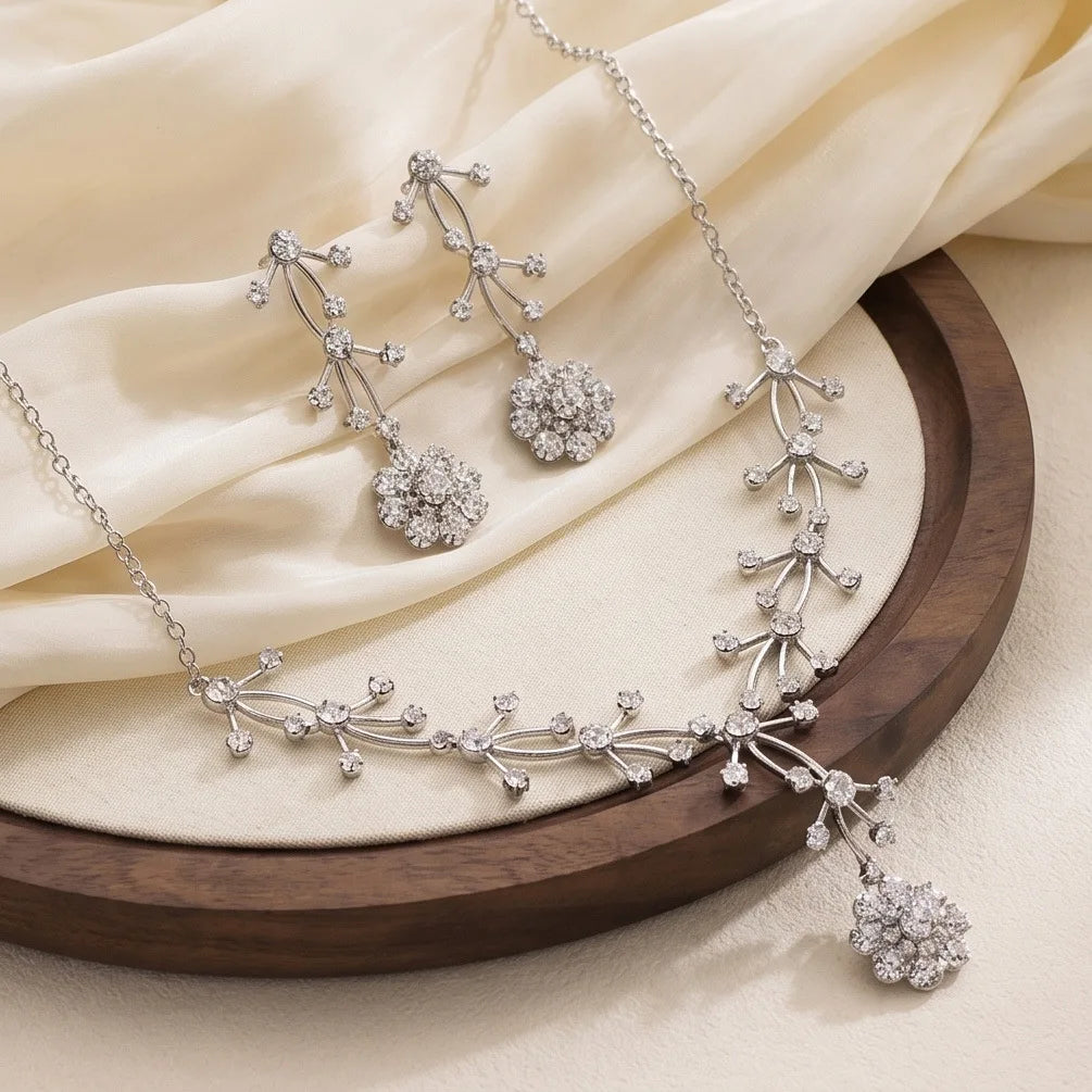 2 Pieces Jewelry Sets For Women Luxury Zirconia Bridal Necklace Earring Set Party Prom Wedding Bride Necklace set Accessories