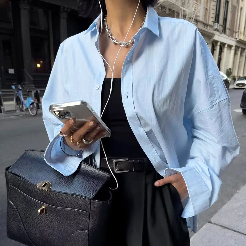 HXAO Elegant Blue Shirts & Blouses 2025 Women's Spring Long Sleeve Large Size Tops Fashion Casual Office Loose Tops For Female