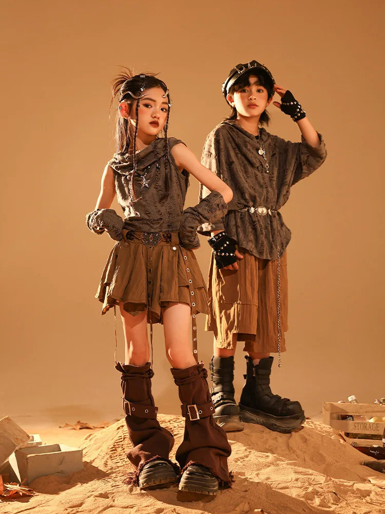 Boys Wasteland Street Dance Knitted Tank Top Skirt Girls Hip Hop Hoodies Clothes Sets Kids Jazz Costume Children Punk Streetwear