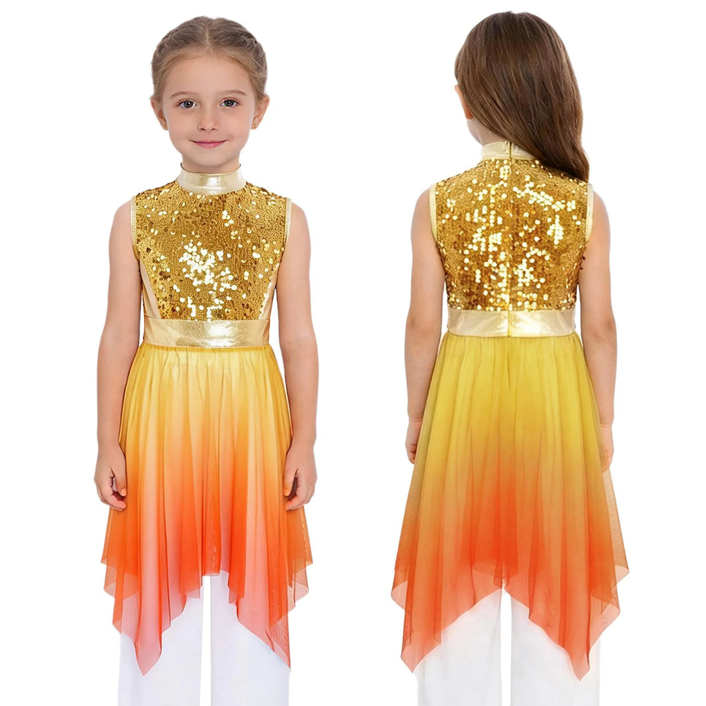 Kids Girls Modern Lyrical Dance Dress Liturgical Worship Praise Church Choir Robe Shiny Sequins Bodice Sheer Mesh Tunic Dresses