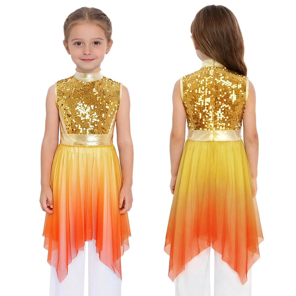 Kids Girls Modern Lyrical Dance Dress Liturgical Worship Praise Church Choir Robe Shiny Sequins Bodice Sheer Mesh Tunic Dresses