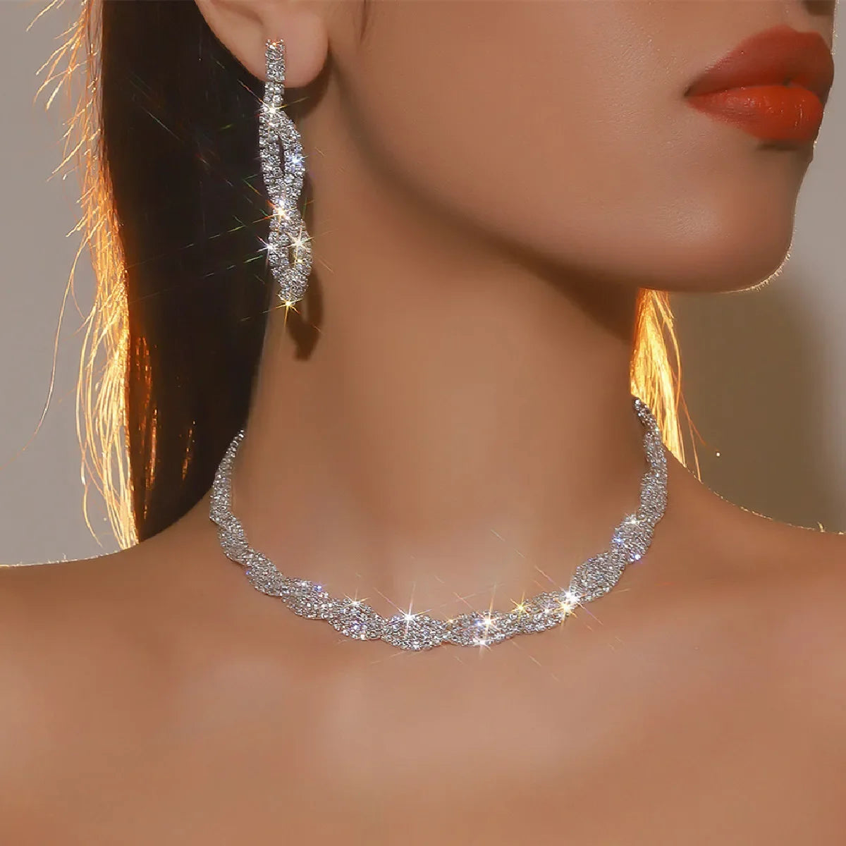 Women's Elegant Rhinestone Necklace & Dangle EarringsTrendy Jewelry Set Fashionable Accessories for Party & Daily Clothing Decor