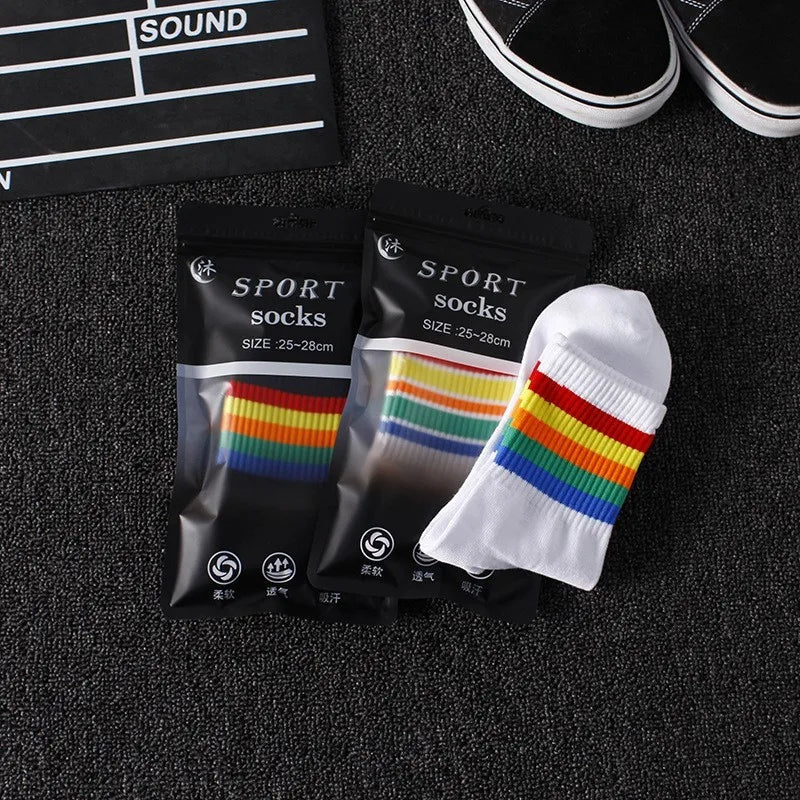 Mens Socks Fashion Hip Hop Cotton Rainbow Stripes Classic Warm Casual Tide Harajuku Funny Pop Korean Socks skarpetki meskie Sox