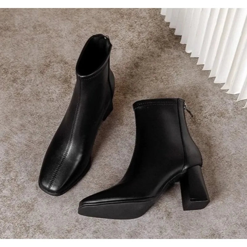 2026 New Women's  Ankle Boots Minimalist Pointed Toe Mid Heel Booties with Soft Leather & Side Zipper Slimming Fashion Boots
