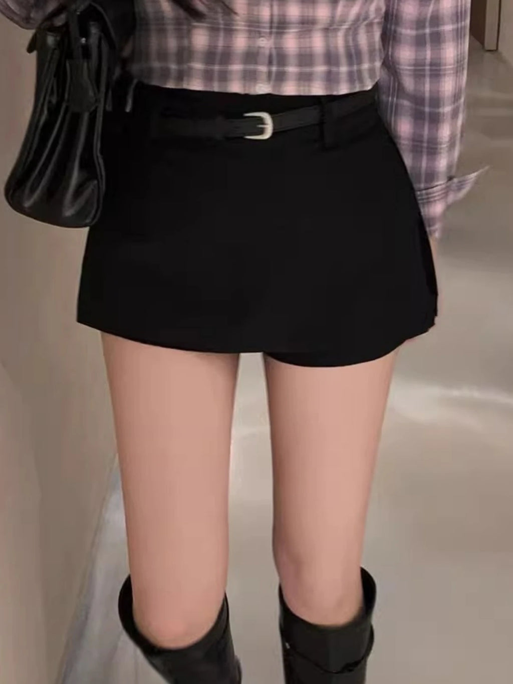 High Waist A-Line  Skirt Suit Bla Women's Korean Sle Belted f-length Skirt Commute Stand Fit Summer Collection