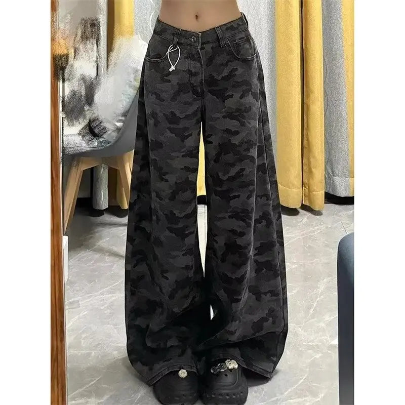 American Sle Camouflage Workwear Jeans Women's Spring Summer New plus Size Fat MM High Waist Loose Slim Straight Leg Pants