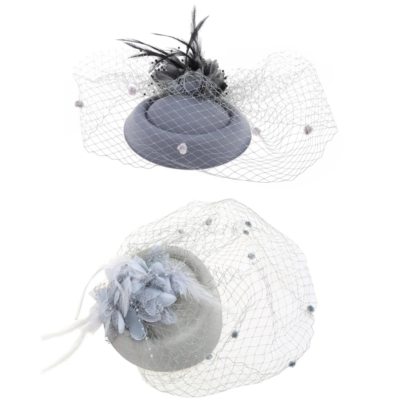 Fascinator Hats for Women Pillbox Cap with Flower Furry Mesh Veils and Hair Clip Party Headwear Headdress