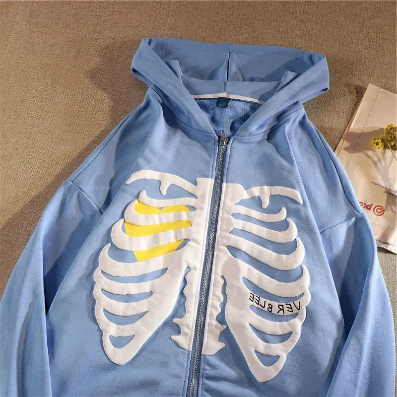 Y2K Gothic Butterfly Print Zip Up Women Hoodies 2025 Winter Grunge Skeleton Sweatshirt Casual Hooded Jacket Streetwear Hoodie