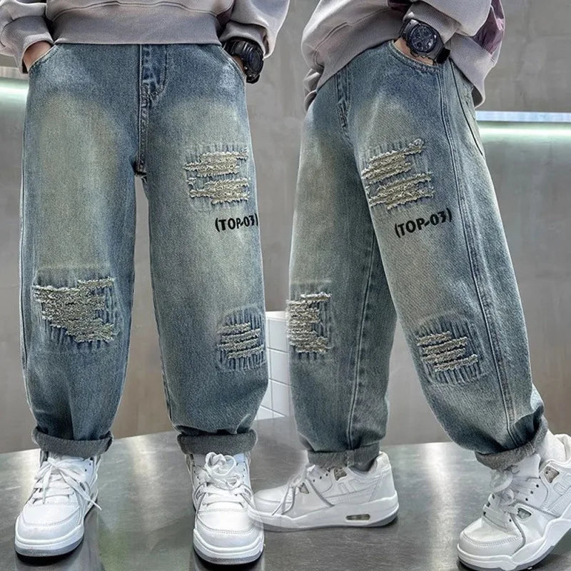 Boys Fashion Jeans Autumn Children Denim Loose Pants Teenager Spring Baggy Trousers New Kids Casual Handsome Clothing 4-12Y