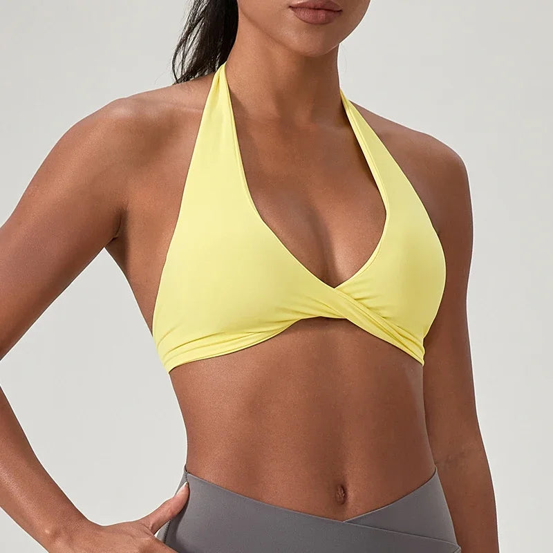 Sports Yoga Bra For Women Underwear Sportswear Halter Neck With Stylish Back Sexy Gym Bra With Cups Running Fitness Backless Top