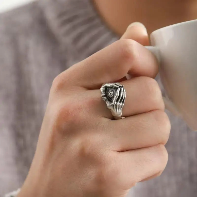 Eye and Hands Design Ring for Men Gothic Retro Adjustable Open Jewelry Gift for Everyday Wear