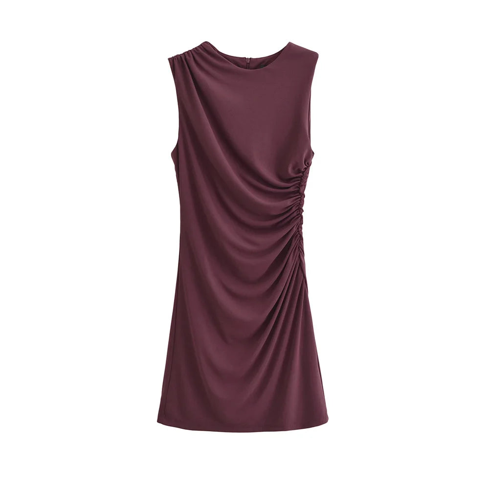 Women's Draped Mini Dress, O Neck, Sleeveless, Back Zipper, Female Dresses, Sexy Fashion