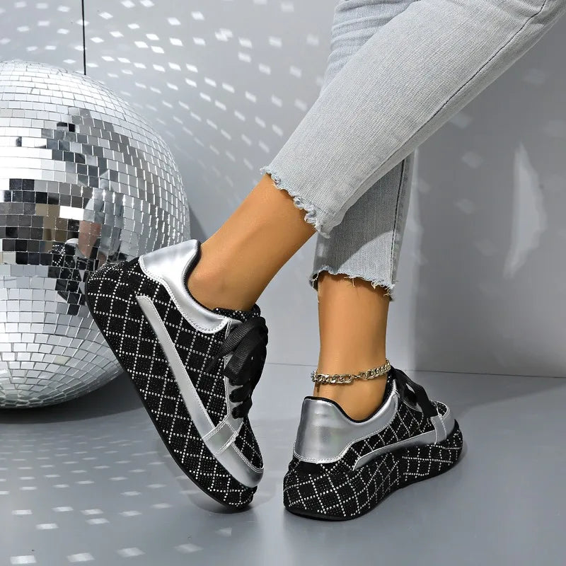 Designer Women's Sneakers Crystal Rhinestone Sparkles Shoes Luxury Platform Shoes Womens Trainers Fashion Lace-up Casual Shoes