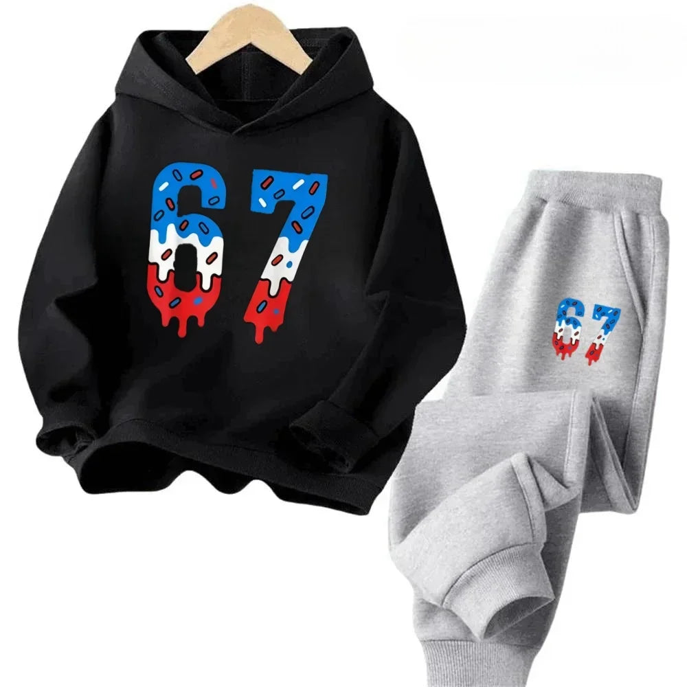 67 Chic Children's Hoodies Set 4-13Y Korean Streetwear Block Tracksuit Fashion Comfortable Kids Sweatshirt 2 Pcs Sets Pant Suit