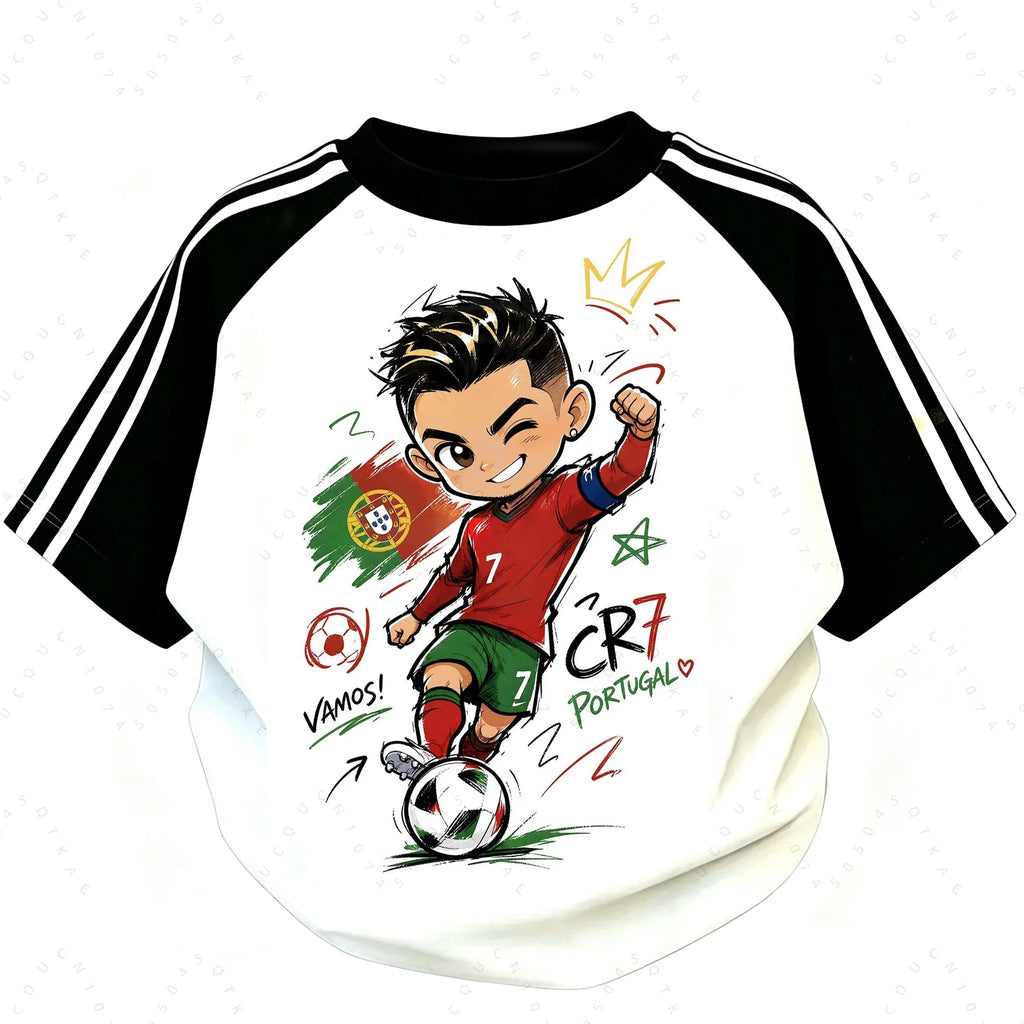 2026 Kid Adults Cartoon Soccer Player Print Shoulder T Shirt Top Tier Football Stars Short Sleeve Football Fans Parent-Child Top