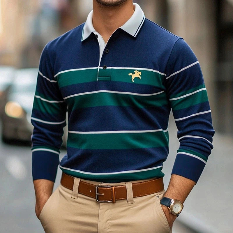 Simple Fashion Striped Polo Shirts For Men Trendy Autumn Long Sleeve Lapel Button Golf Polo Shirt Casual Oversized Tees Tops