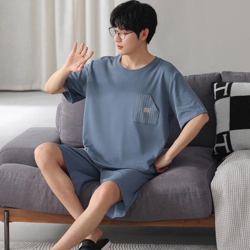MiiOW 2Pcs Men's Pajamas Set Summer O-neck Mens Short Sleeve Homewear Big SIze L-3XL Man Sleepwear Cotton Breathable Men Pajamas