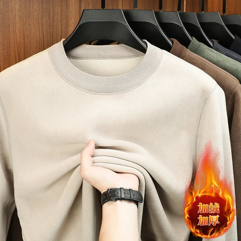 Autumn and Winter Men's Velvet Hoodie Long Sleeve Round Neck Solid Color Fashion Casual Versatile Top