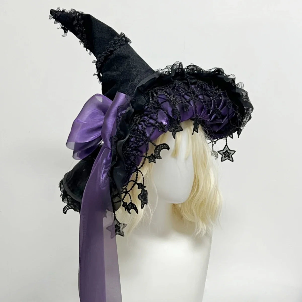 Harajuku Halloween Witch Hat  Women’s Girls Gothic Handmade Bowknot Fleece Lace Lolita Ladies Wizard Hat