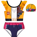 Girls' Swimsuit Set with Cartoon Print, Summer Beach Vacation Swimwear, Cute Ruffled Children's Swimsuit + Pants + Swimming Cap Three-Piece Set Suitable for Girls Aged 4-12