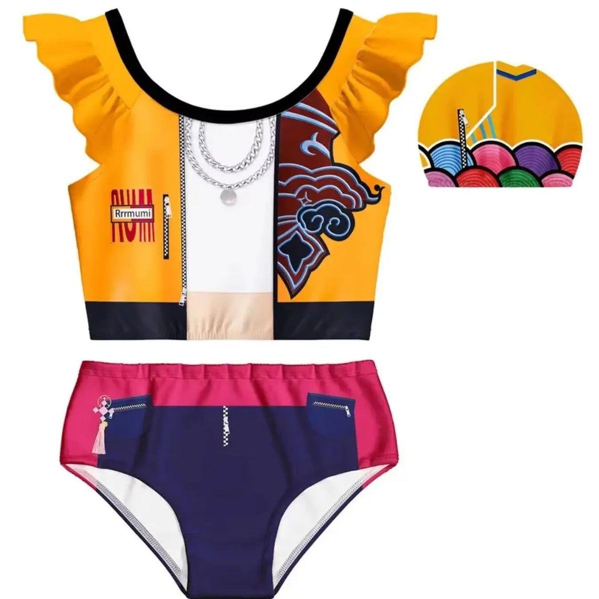 Girls' Swimsuit Set with Cartoon Print, Summer Beach Vacation Swimwear, Cute Ruffled Children's Swimsuit + Pants + Swimming Cap Three-Piece Set Suitable for Girls Aged 4-12