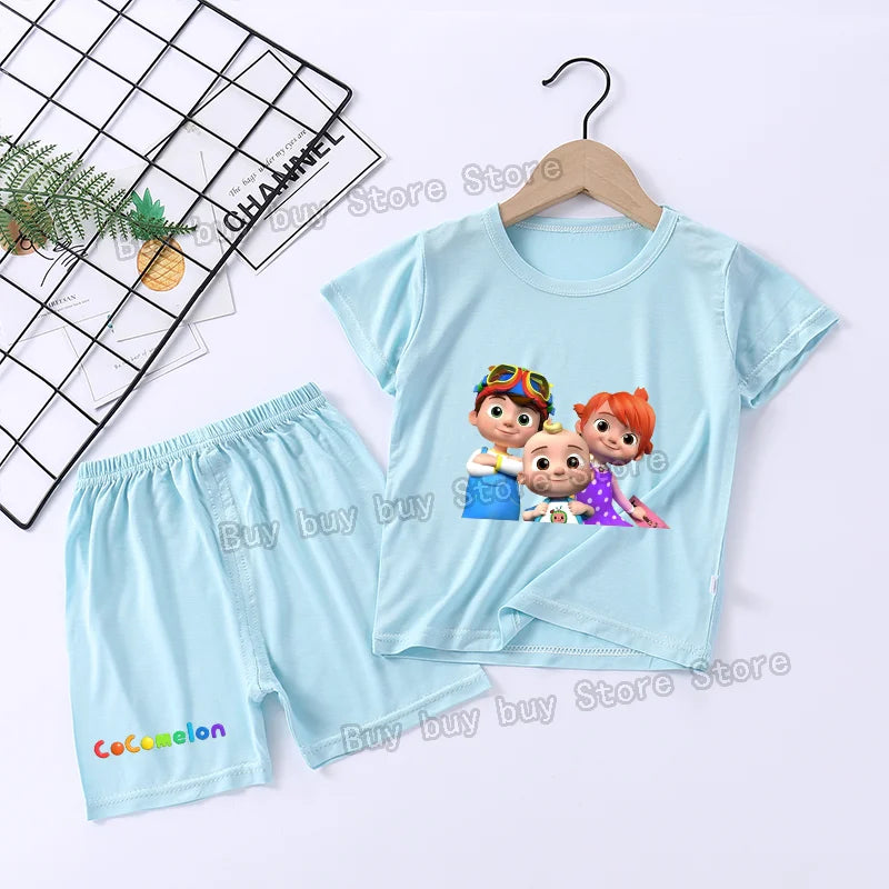 Cocomelons Pajamas Suit Kids Boys Girls Nighty Wears Cool Summer Loungewear Short Sleeve T-shirt Shorts 2pcs Soft Birthday Gift