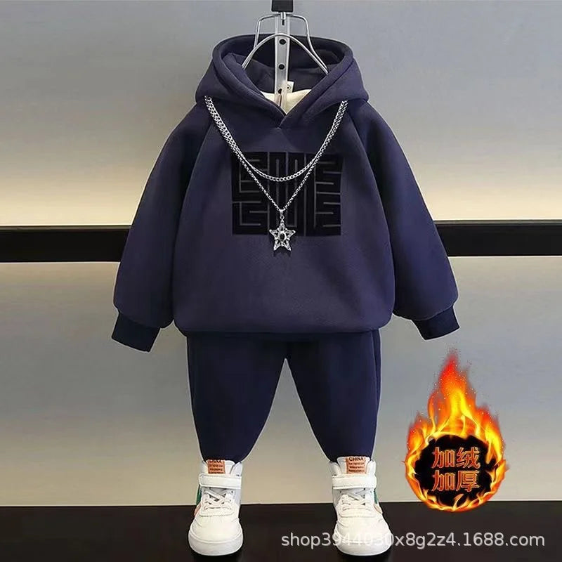 Kids Sweatshirts Sets Winter Children Plus Velvet Thick Warm Suit Boys Girls Hooded Pullover+Pants 2Pcs Cotton Tracksuit Outfits