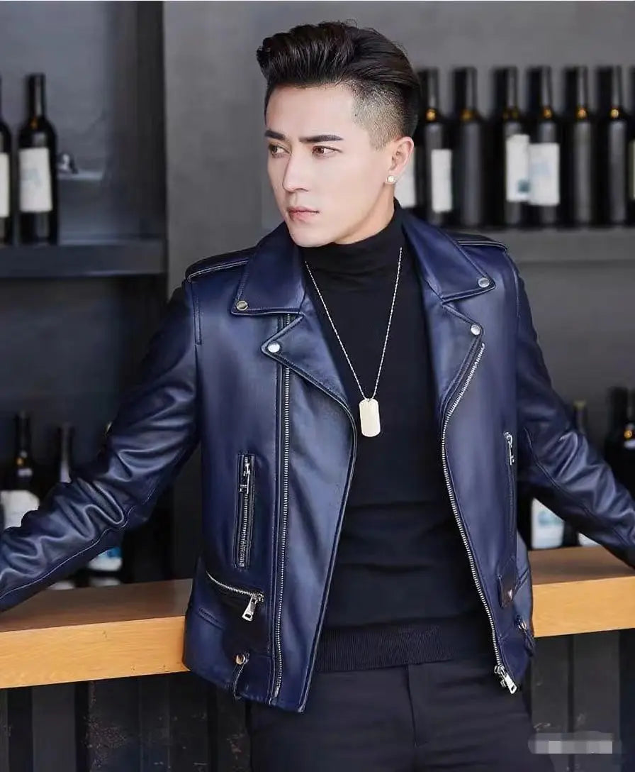Men's PU Leather New Leather Jacket Sheep Suit Motorcycle Leather Coat Male Streetwear Regular Slim Handsome Large Size Jacket