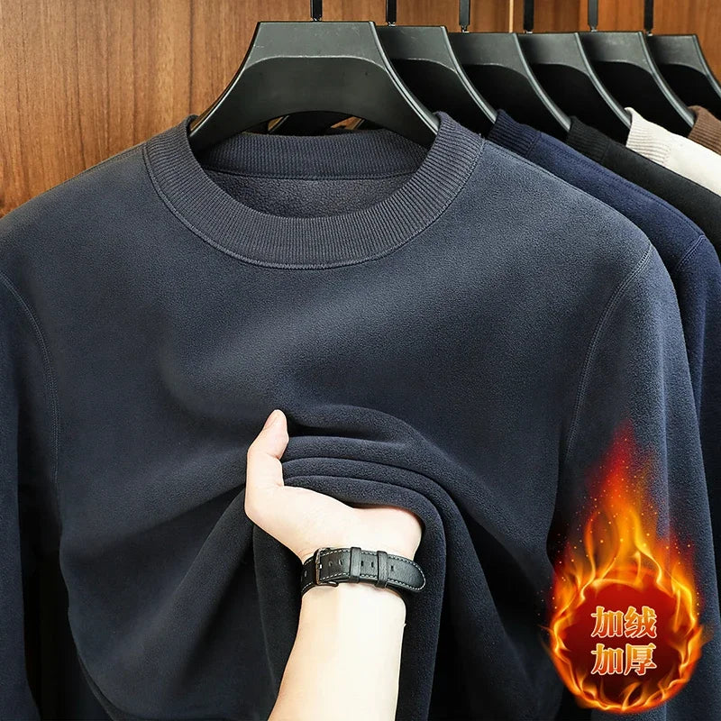 Autumn and Winter Men's Velvet Hoodie Long Sleeve Round Neck Solid Color Fashion Casual Versatile Top