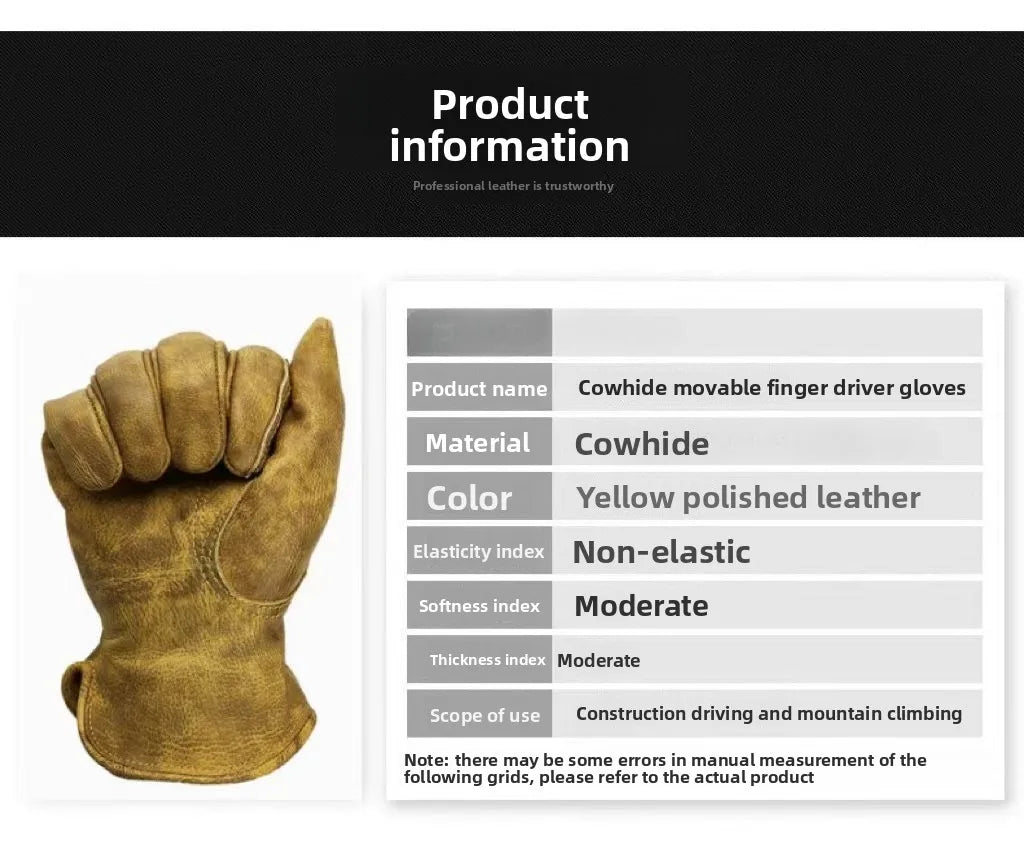 Men Work Gloves Cowhide Driver Hunting Driving Farm Garden Welding Security Protection Safety Mechanic Glove
