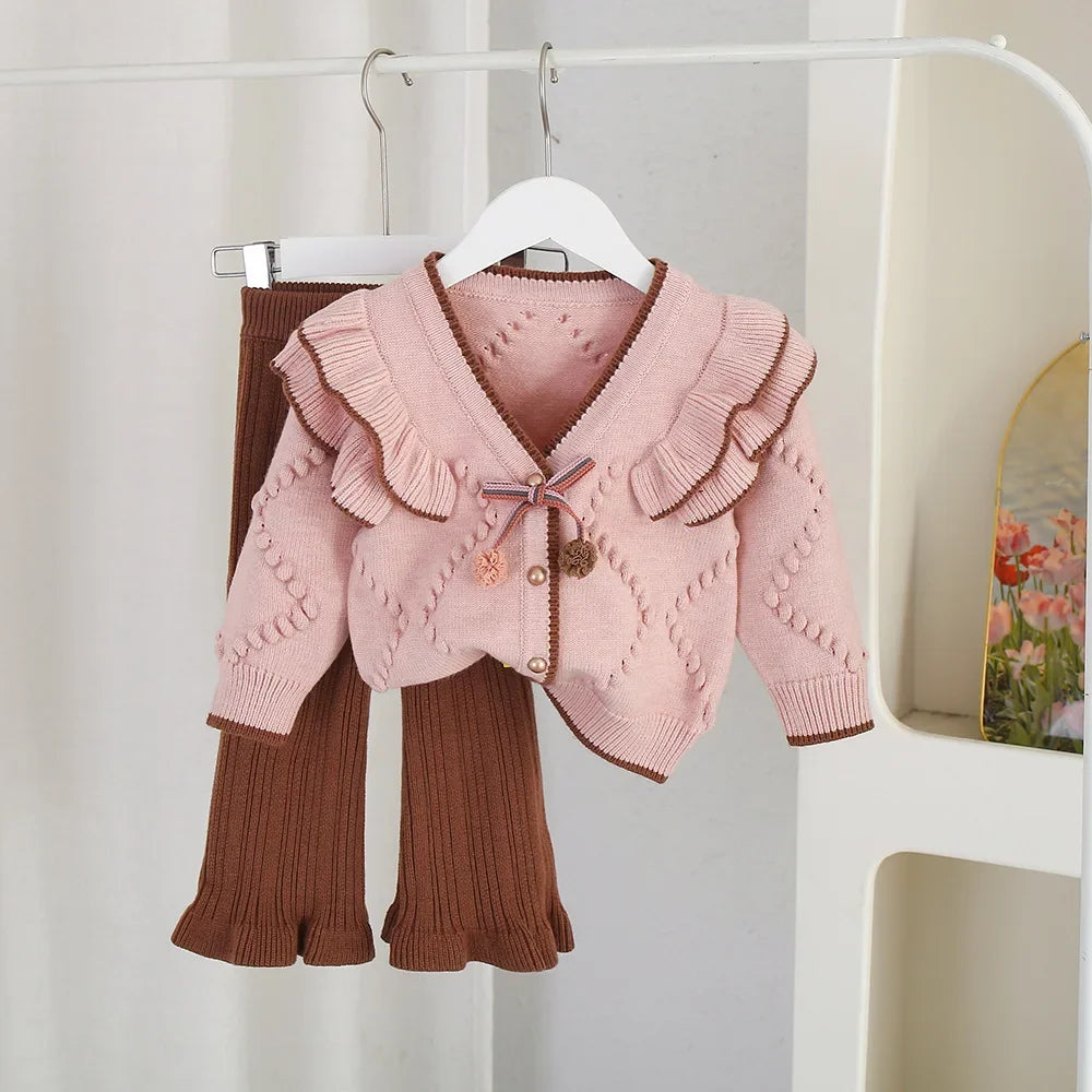 Children's Sets Cardigan & Bell Bottoms Set Girls Autumn Winter Fashion Sweater  Kids Clothes Two-piece Set