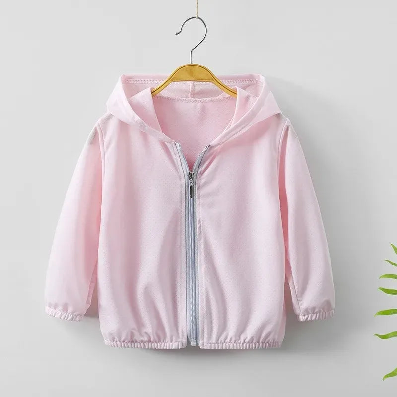 Summer Childrens Sunscreen Clothing Ice Silk Thin Hooded Cool Kids Boys Jacket Outdoor Camping Girls Breathable Zipper Coat