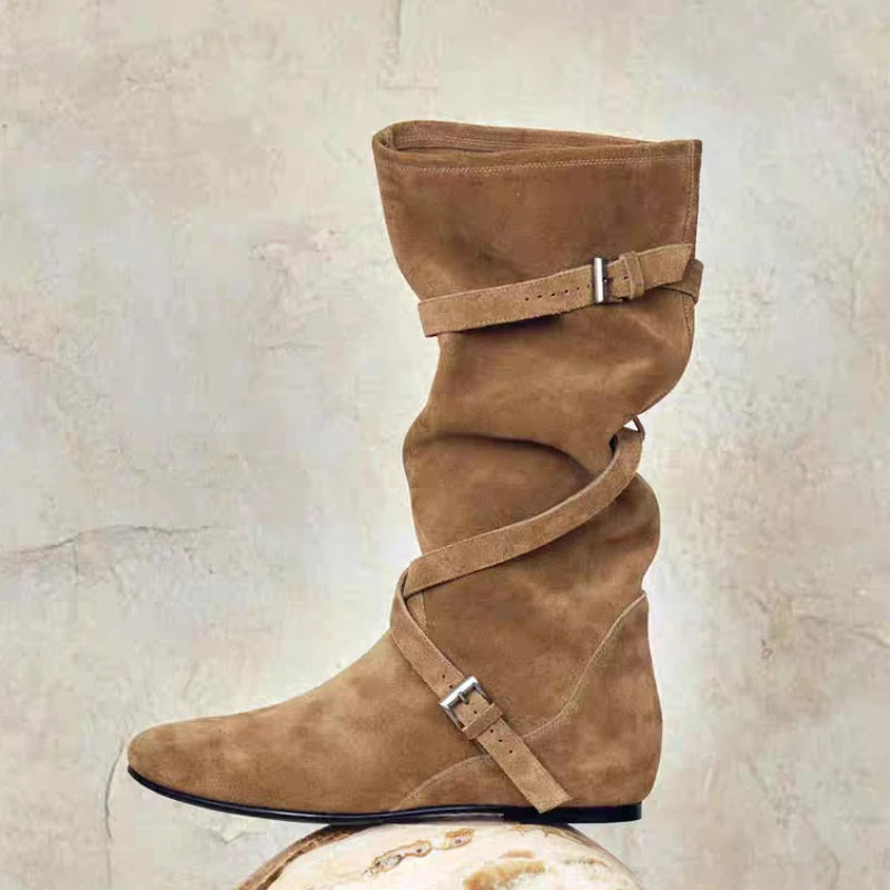 Women Flats High Boots Suede New Casual Sport Shoes Mid Calf Pleated Chelsea Fashion Boots Trend Woman Sneakers Walking Botas