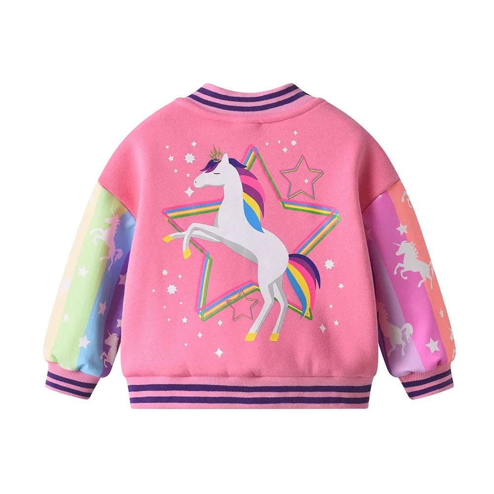 Girls Unicorn Star Rainbow Print Pink Jackets Kids Gradient Button Casual Coat Girls Spring Autumn Baseball Jersey Outerwear