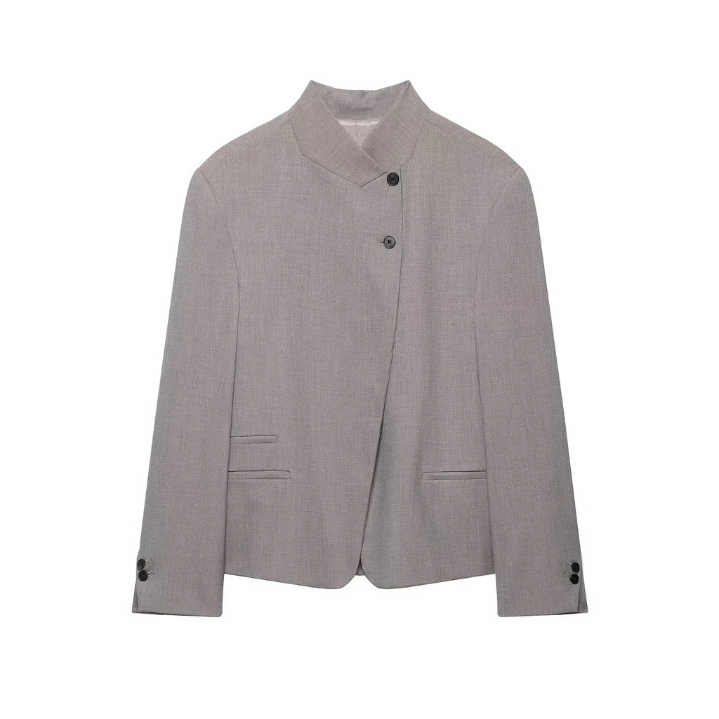KONDALA Vintage Office Lady Gray Solid Blazer Stand Collar Long Sleeve Loose Blazer Fashion 2026 Spring Summer Casual Blazer