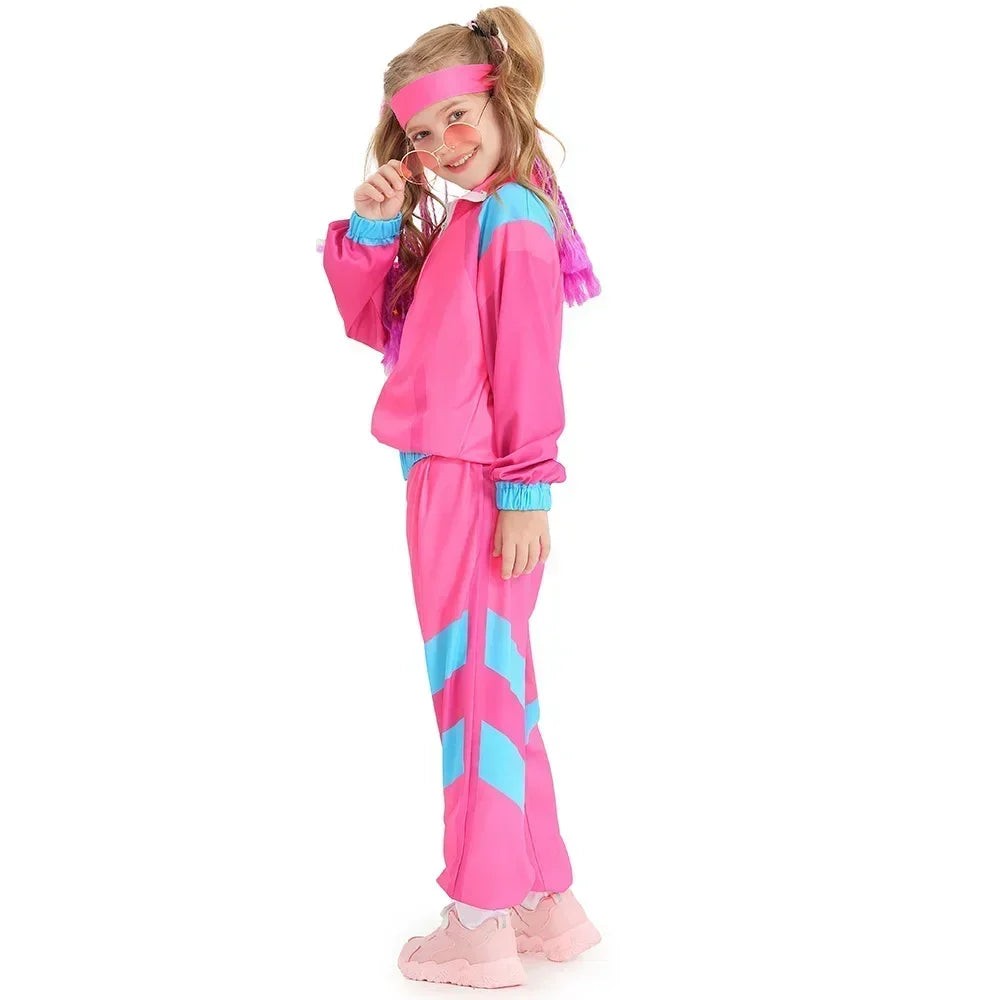 Kids Boys and Girls 80s 90s Sportswear Suit Retro Disco Hip Hop Costume Fashion Patchwork Long Sleeve Zipper Coat Trousers Suit