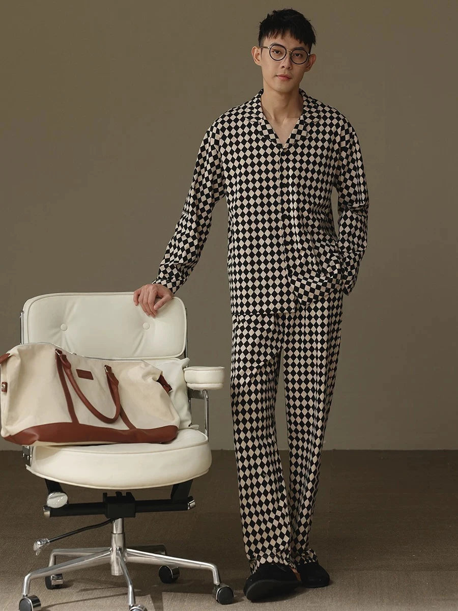 Pajamas for Men, Spring and Autumn Long-Sleeved Cardigans, Home Clothes, Can Be Worn Outside, Autumn and Winter Thin Large Size Two-Piece Set