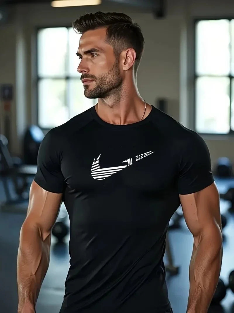 Men Compression Running T Shirt Fitness Print Tight Short Sleeve Tshirt Training Jogging Shirt Gym Sportswear Quick Dry Rashgard